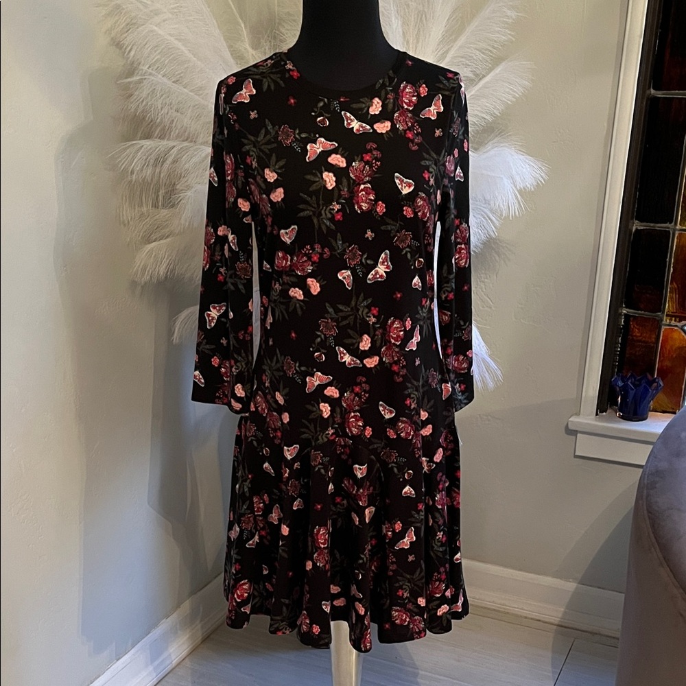 wonder nation Black Long-Sleeve Dress with Pink & Red Floral and Butterfly Print